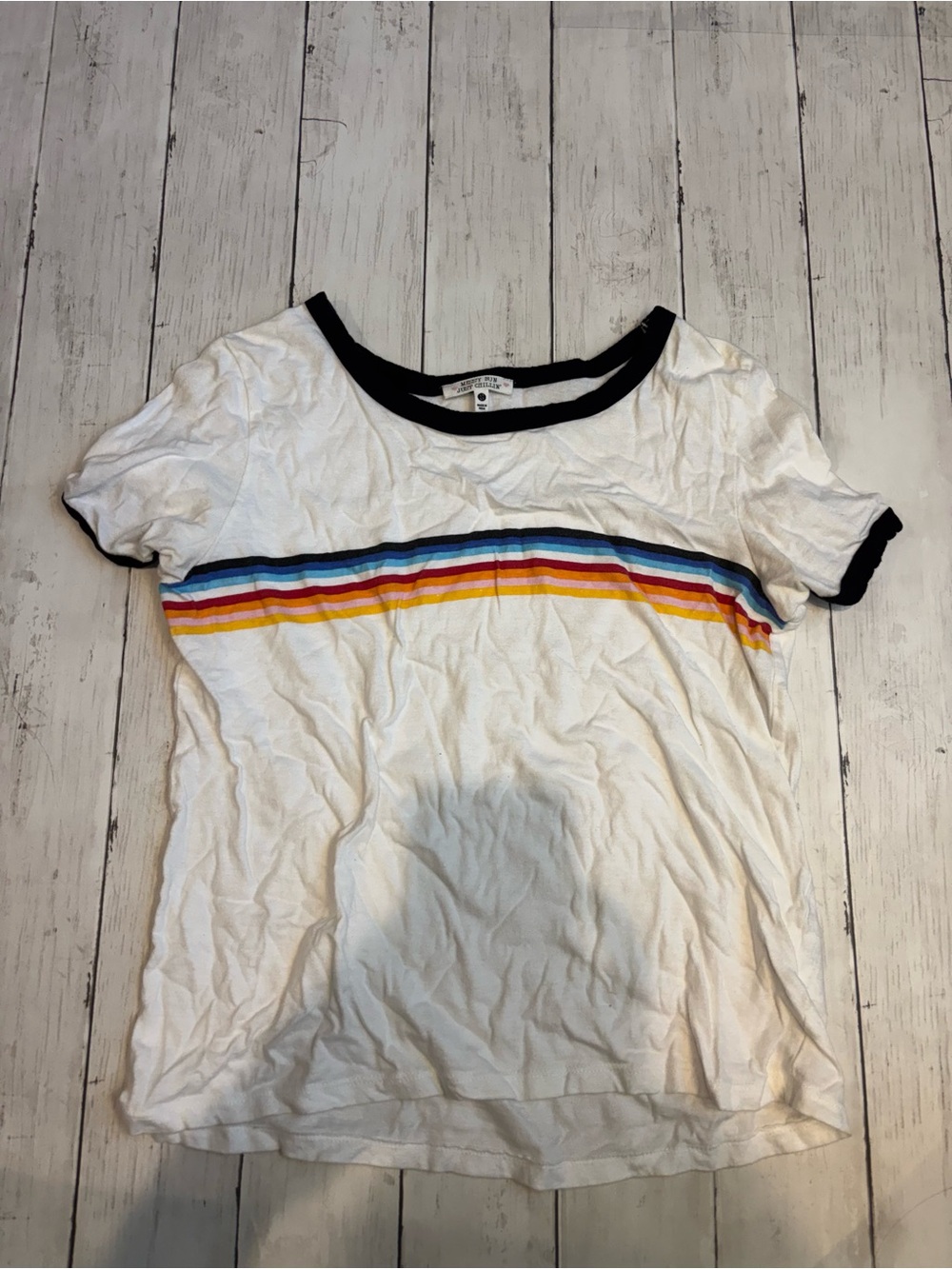 Women’s White Rainbow Stripe Ringer Tee